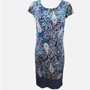 Liz Claiborne Medium Shift Dress Blue Floral Paisley Print Cap Sleeves Stretch
